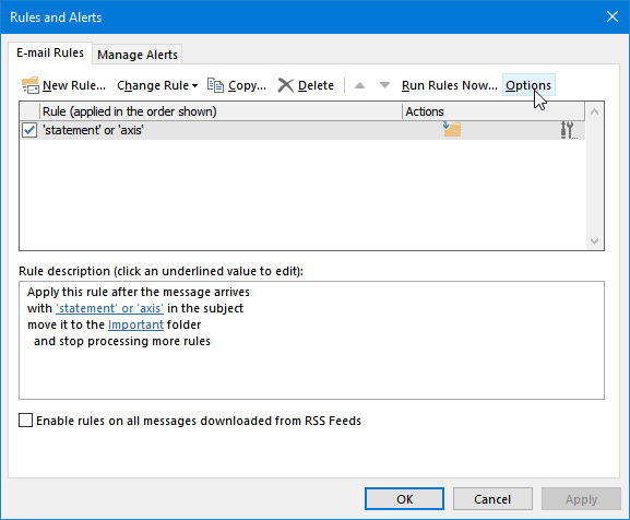 Export or Import Rules in Outlook 2016