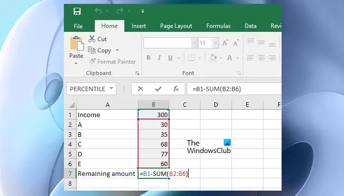 Subtract multiple cells using SUM function