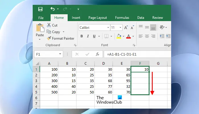 subtract multiple numbers arranged in row