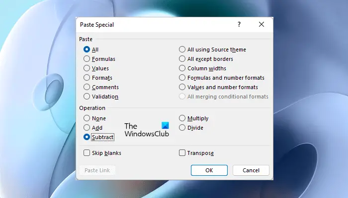 Subtract cells using Paste Special Excel