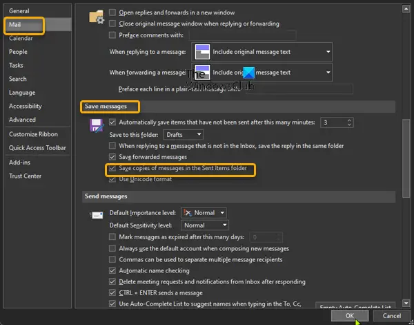 Enable ‘Save copies of messages in the Sent Items folder’ option