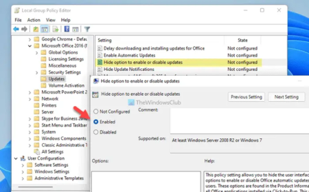 How to hide Enable or Disable Office Automatic Updates