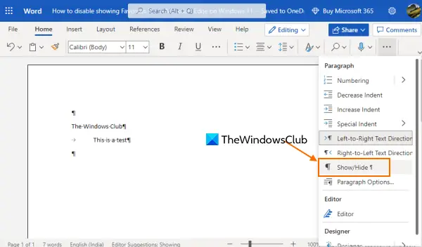 show or hide formatting symbols in word online