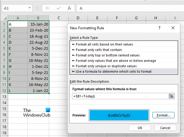 highlight dates before today in Excel