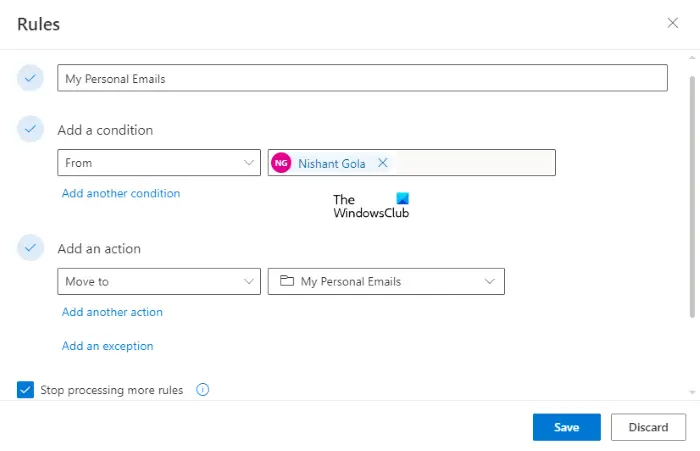 customize rule in Outlook on Web