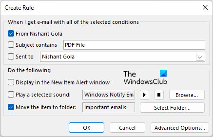 Select folder to move emails Outlook