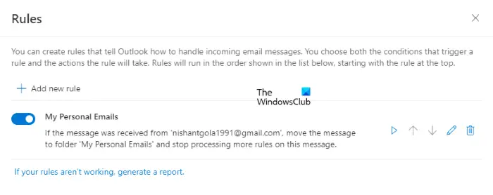 Delete rule Outlook on the Web