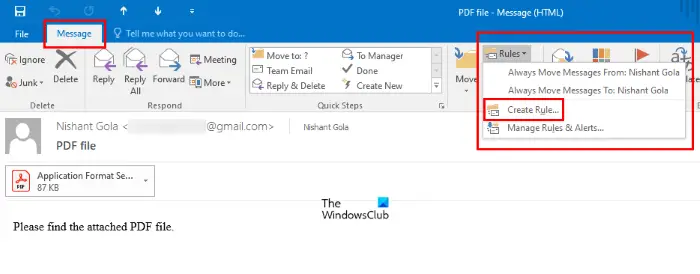 create a rule in Outlook