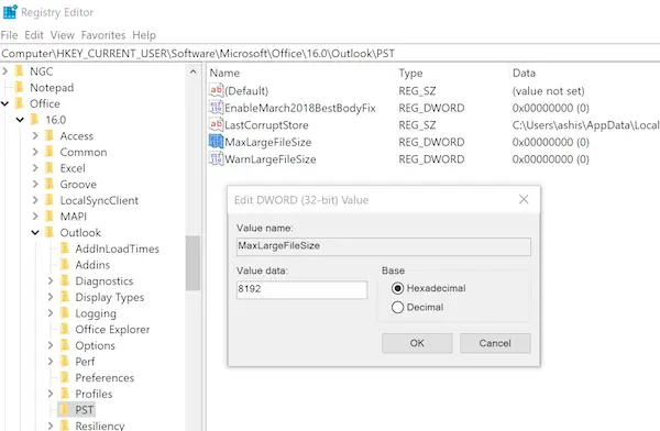 Change Outlook PST File Size Limit