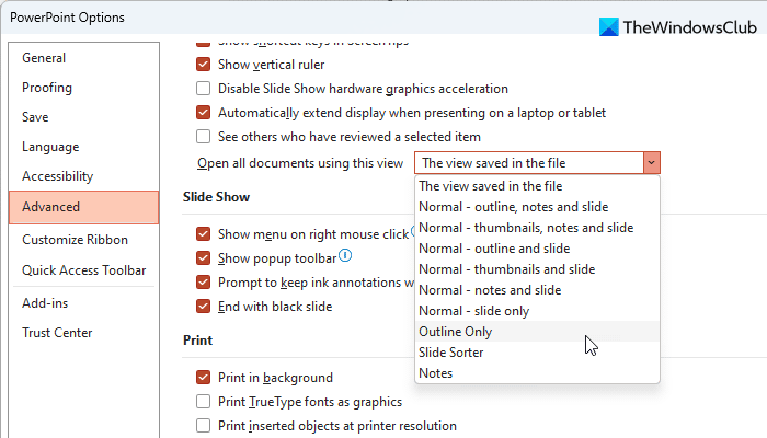 How to always open PowerPoint presentation in Outline, Notes, or Slide Sorter mode