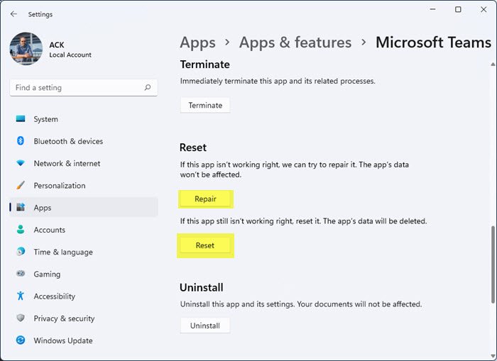 Repair or Reset Microsoft Teams