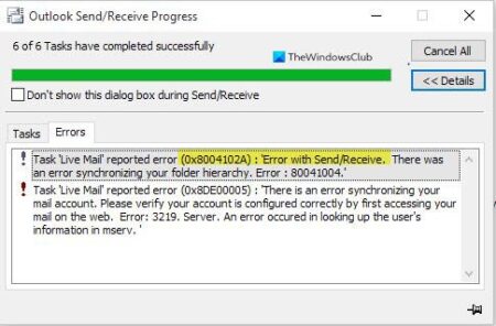 Fix Outlook Send/Receive error 0x8004102A