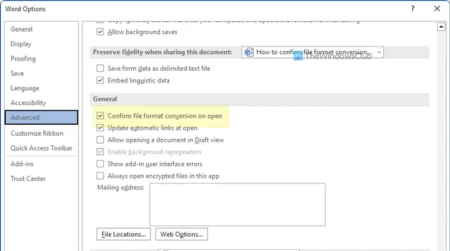 How to confirm file format conversion on open in Word