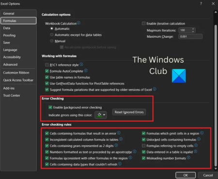 How to enable or disable Error checking rules in Excel