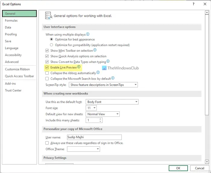 How to enable or disable Live Preview in Word, Excel, PowerPoint