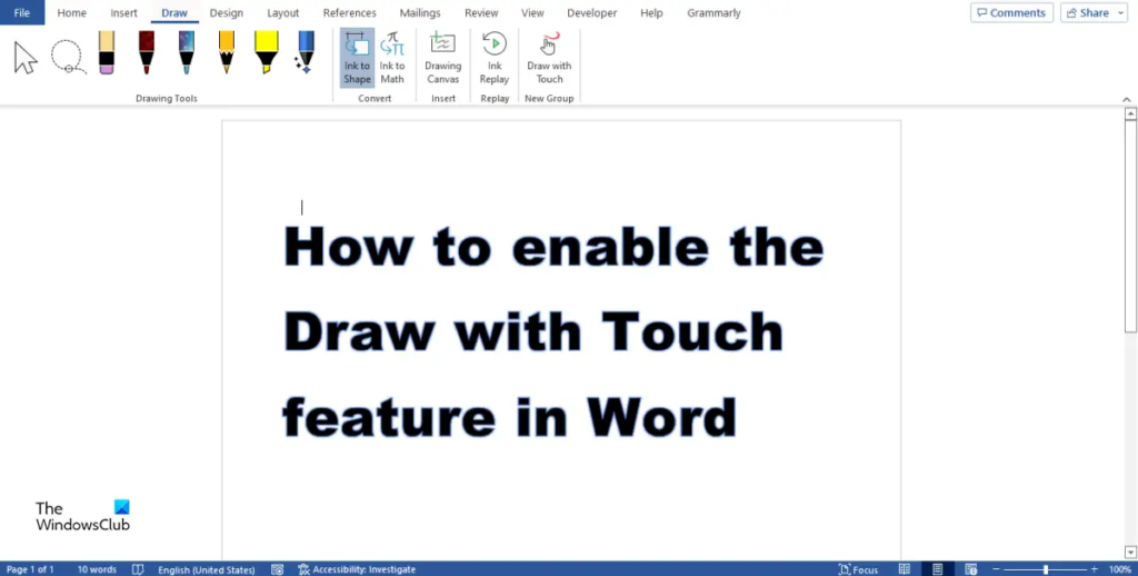 How to enable the Draw with Touch feature in Word