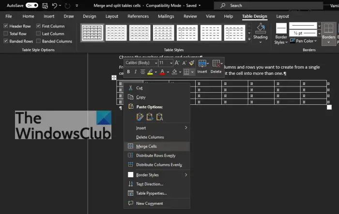 How to merge and split cells in Table in Word