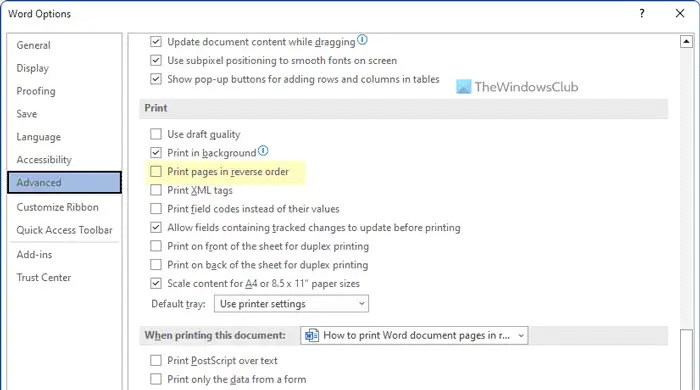 How to print Word document pages in reverse order