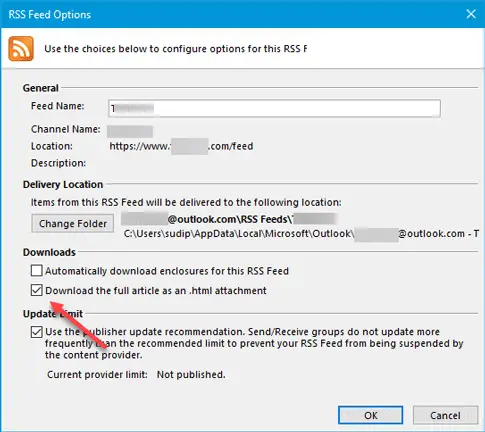 Outlook RSS Feeds not updating on Windows 1110 PC