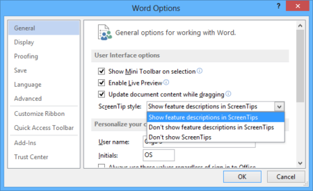 Enable Shortcut Keys in ScreenTips in Word