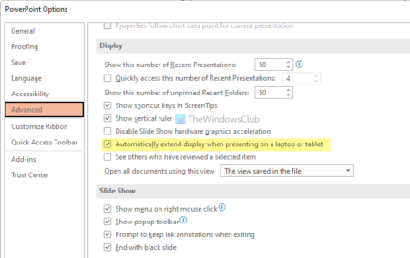 Stop PowerPoint from extending display when presenting on laptop 