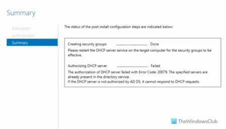 The authorization of DHCP server failed with Error Code 20079