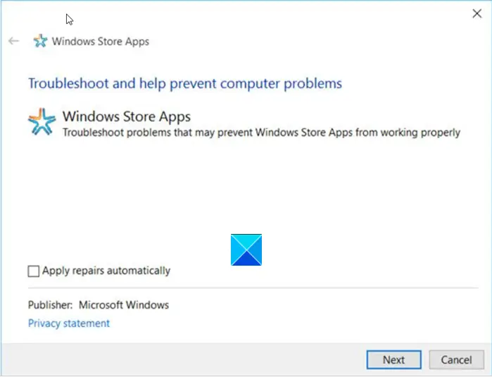 Windows Store Apps troubleshooter