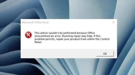 This action couldn't be performed because Office encountered an error