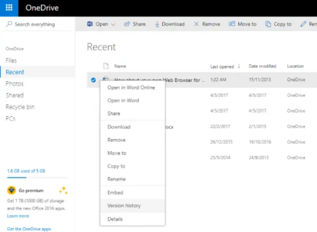 Using Version History on OneDrive for all File Types to recover files