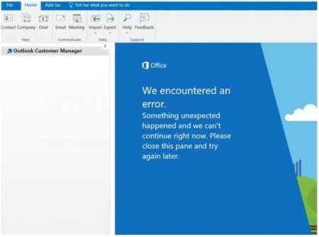 We encountered an error message in Outlook Customer Manager