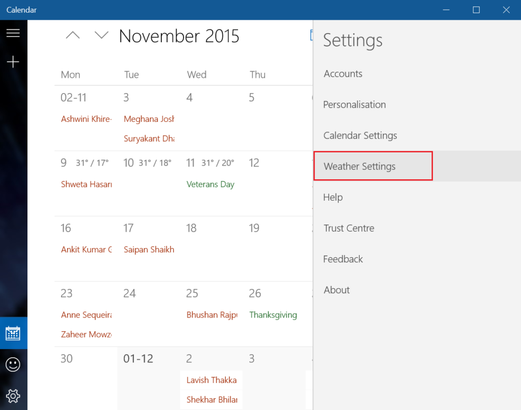 How to change Calendar Weather Temperature in Outlook