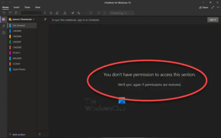 You don't have permission to access this section OneNote error