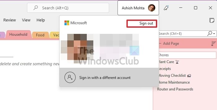 signout onenote