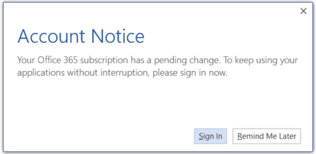 Disable Account Notice message in Microsoft 365 for Business Plan