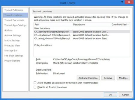 Enable, add, remove, or modify Trusted Locations in Microsoft Office